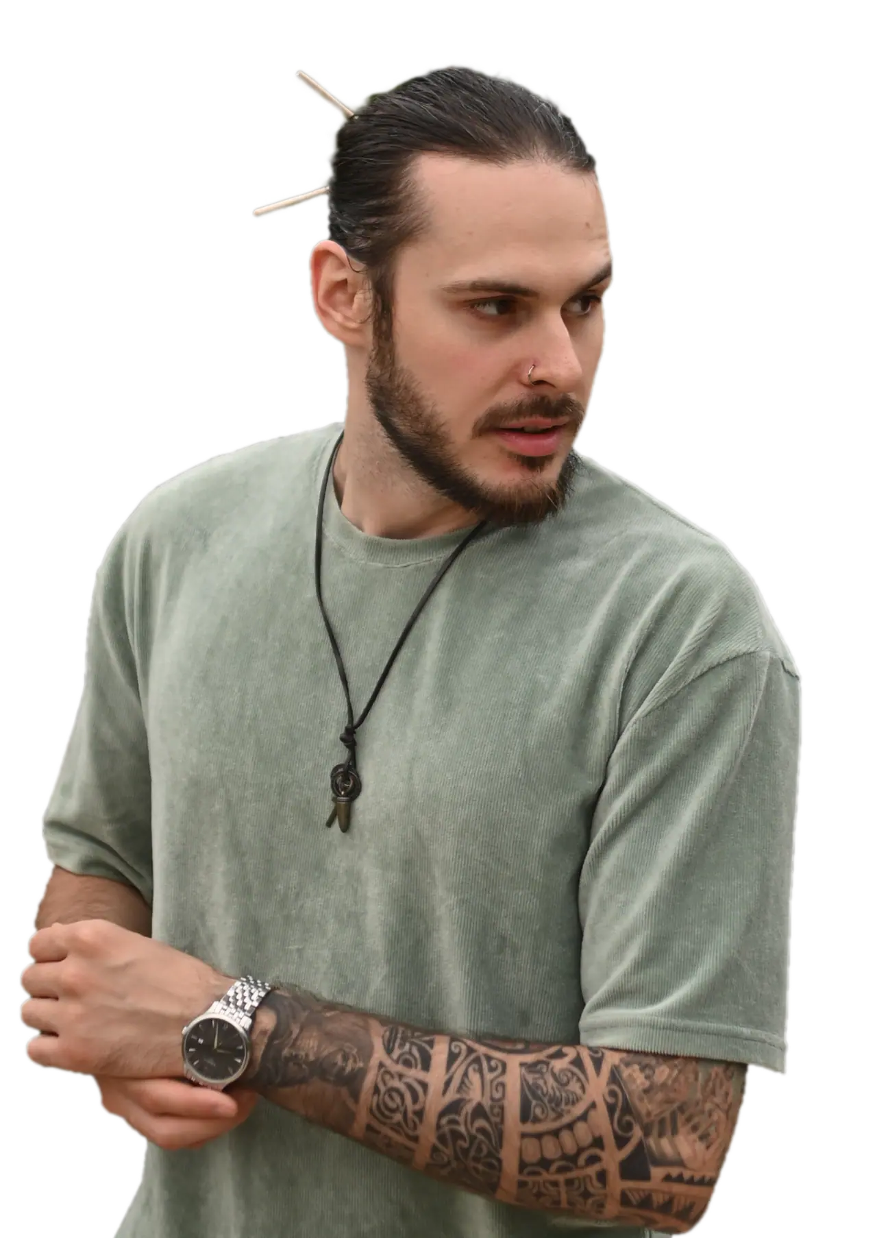 Cut-out figure of OPPAACHA in a sage t-shirt, arms crossed